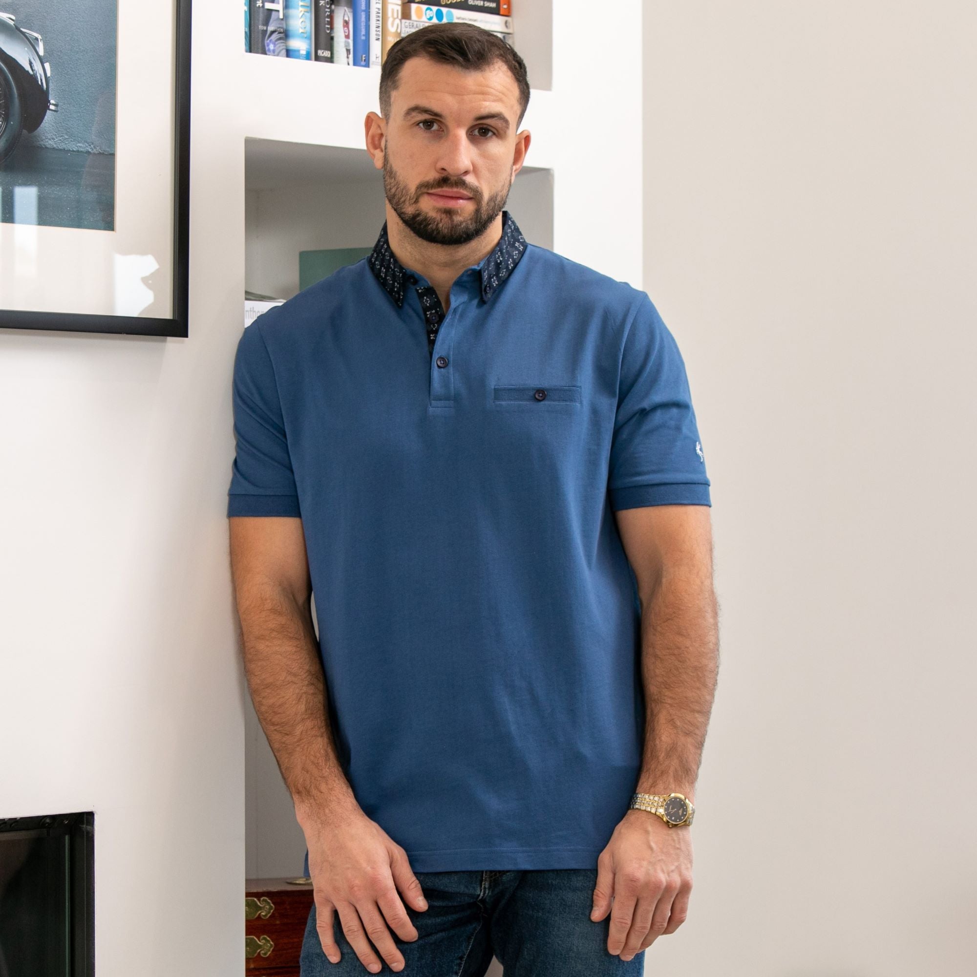 Blue Printed Collar Polo Shirt